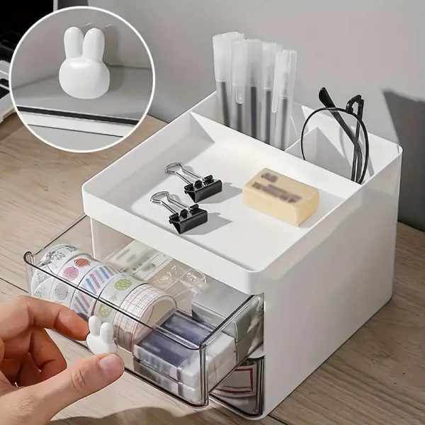 “Rabbit Handle Clear Desk Organizer – Stackable Desktop Storage with Bunny Pull”