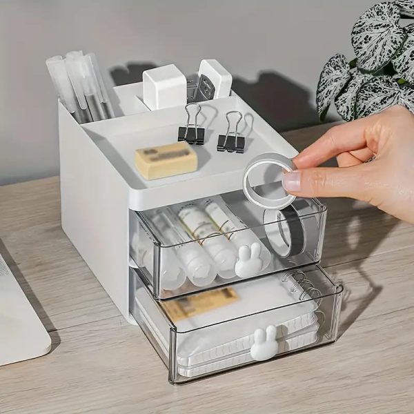 “Rabbit Handle Clear Desk Organizer – Stackable Desktop Storage with Bunny Pull”