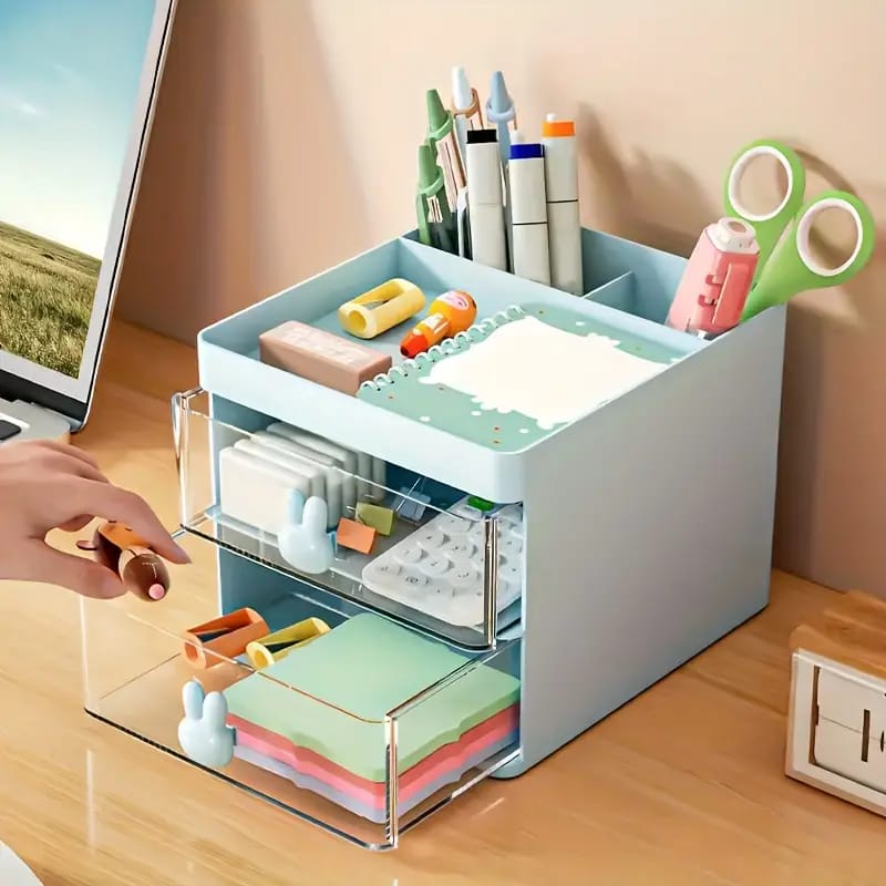 Mini makeup organizer
Aesthetic desk setup
Clear storage box with drawers
Cute office supplies storage
Clear plastic organizer with handle